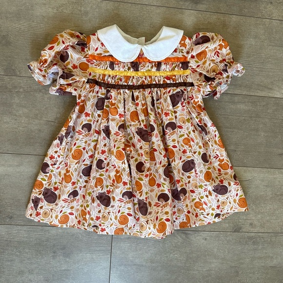 Boutique Hand Smocked Fall Leaves & Animals Handmade Baby Girl Dress 12-18 M - Picture 10 of 11